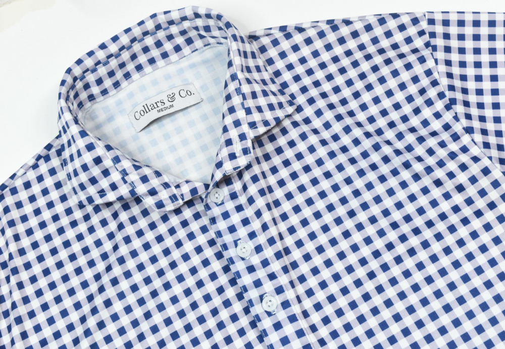 Collars & Co Dress Collar Polo Shirt Mens Medium Blue Check Short Sleeve Stretch